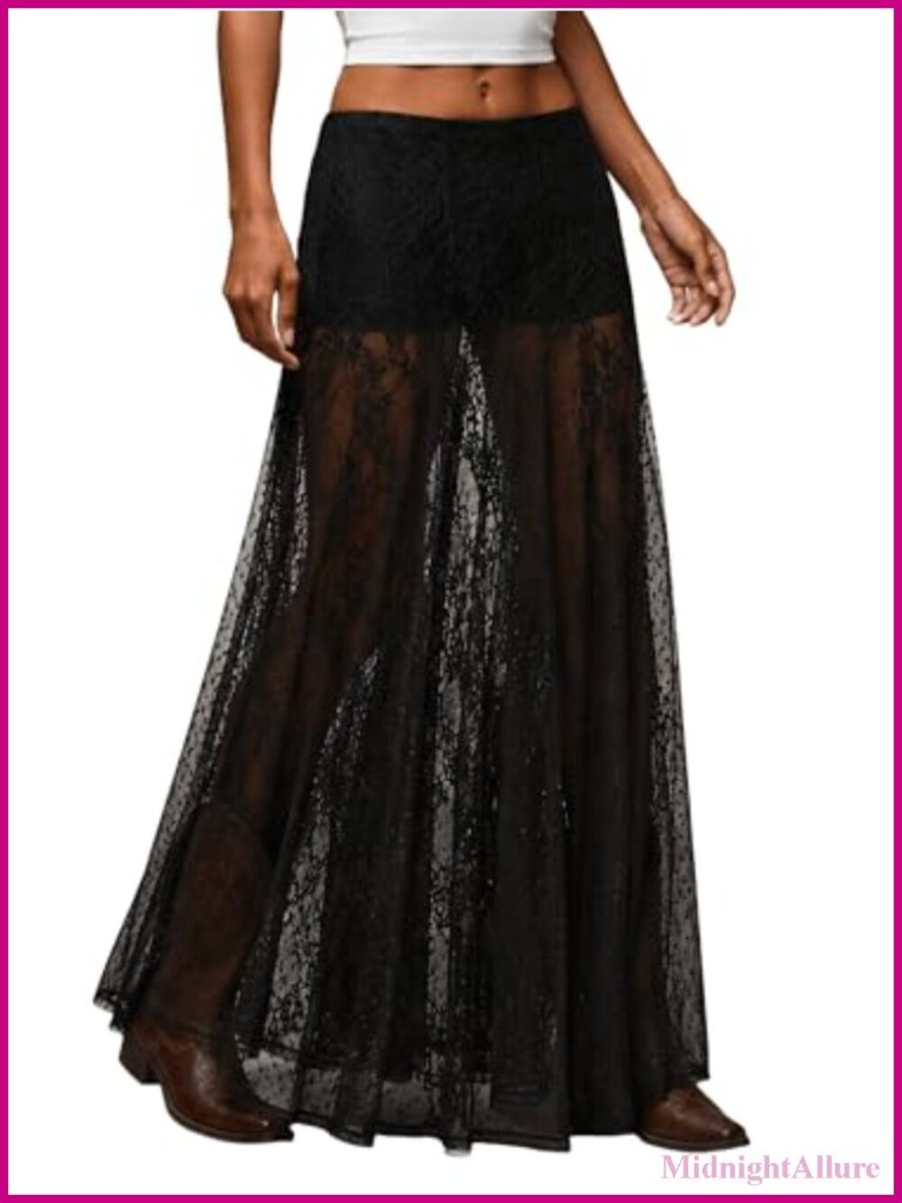 Women's Sheer Lace Maxi Skirt Low Waist Ruffle A-Line Flowy Festival Outfit